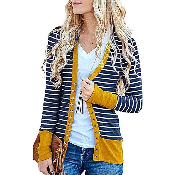 Sweaters - Striped Navy Mustard Ribbed Button Down Cardigan